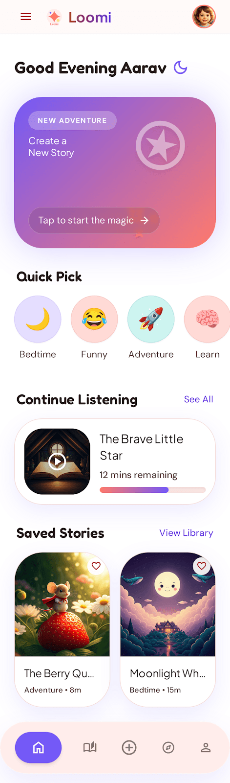 Loomi home screen with quick picks and saved stories
