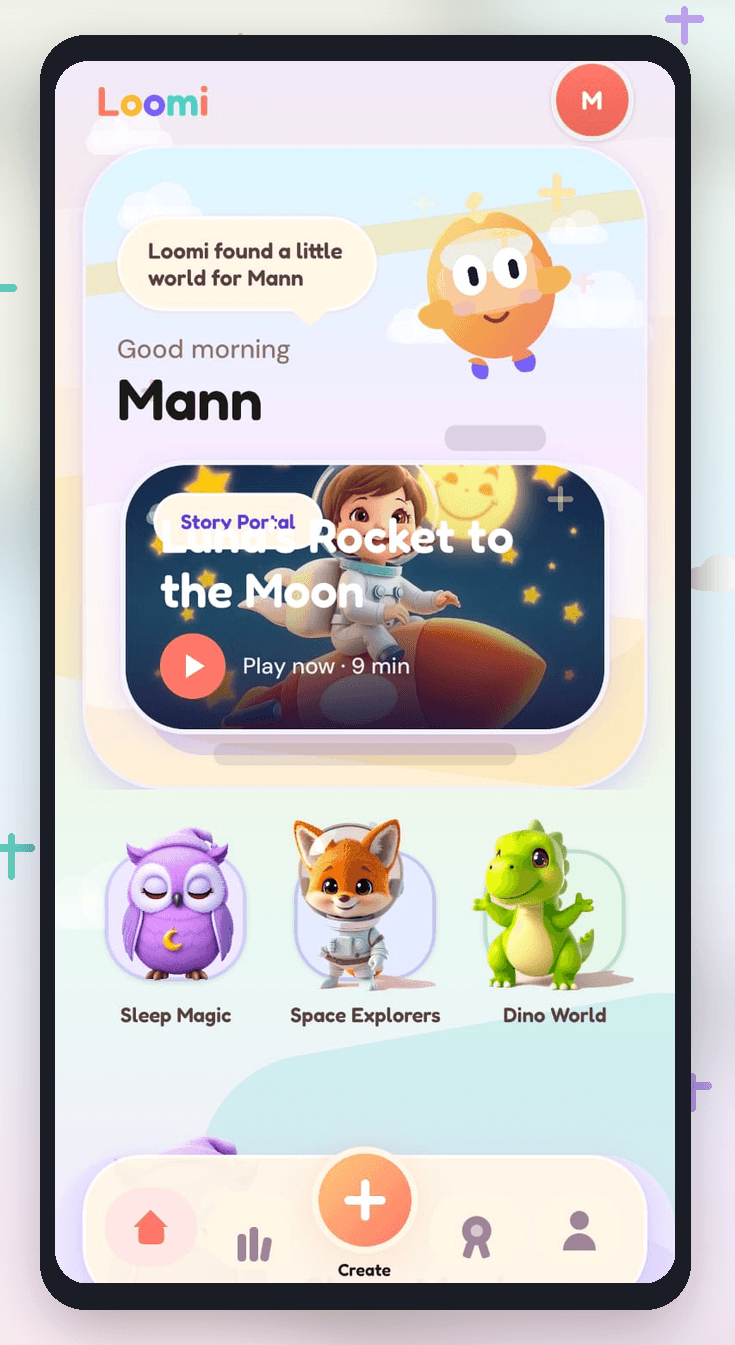 Loomi home screen — your child's story world